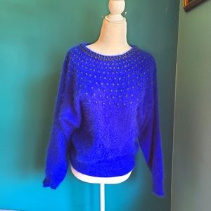 Size medium/ Vintage 1980s angora sweater, royal blue, beaded sweater, mohair
